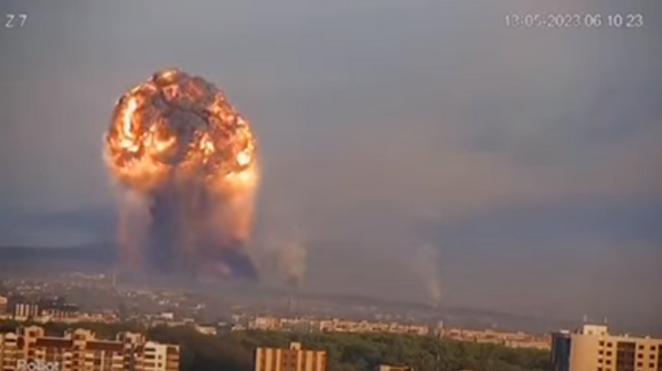 A frame of a CCTV video, purportedly depicting a major blast at an ammo depot in Khmelnintsky, Ukraine. - Sputnik Africa
