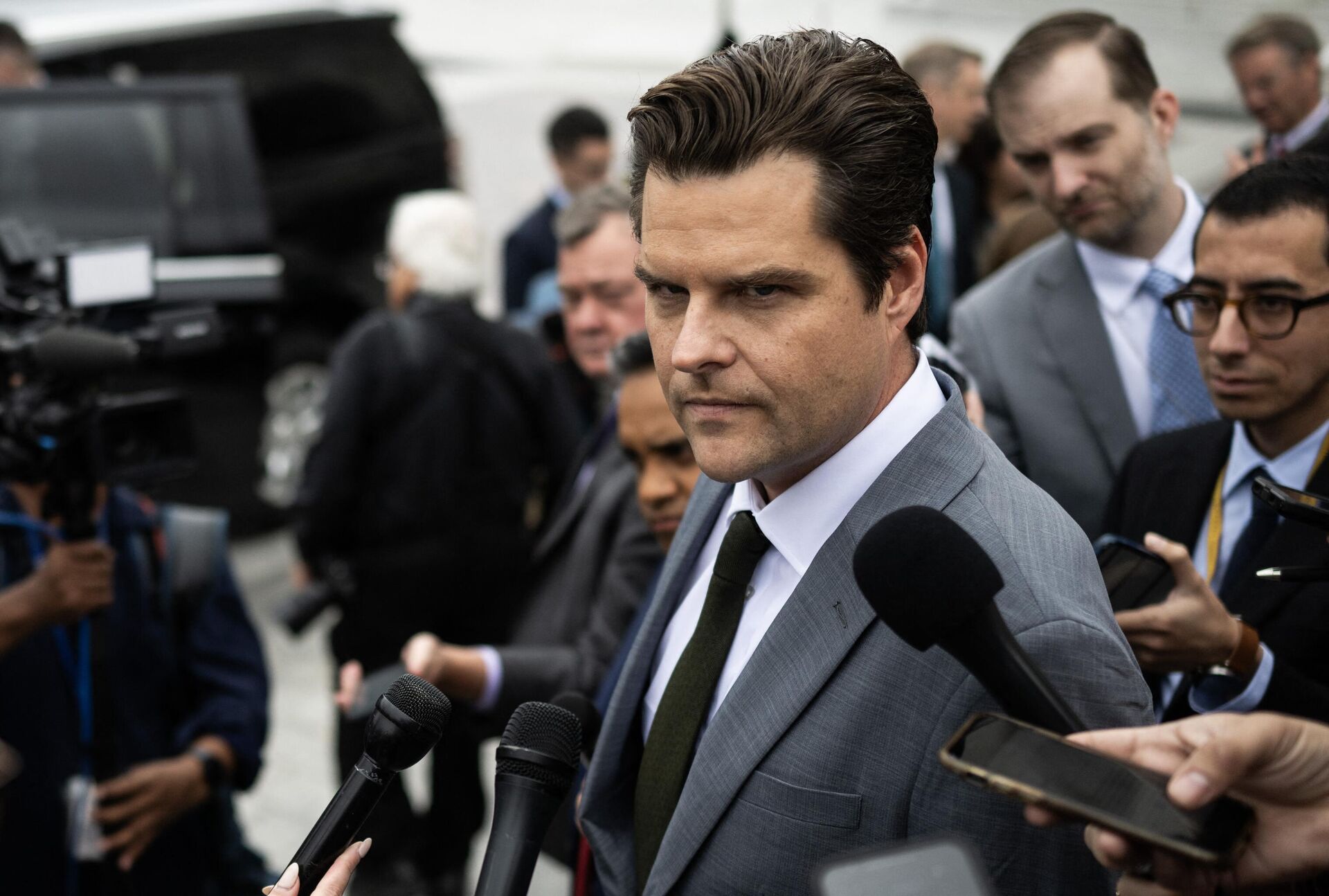 US Representative Matt Gaetz (R-FL) speaks to the press outside the US Capitol after voting in the House in Washington, DC on September 29, 2023. - Sputnik Africa, 1920, 02.10.2023