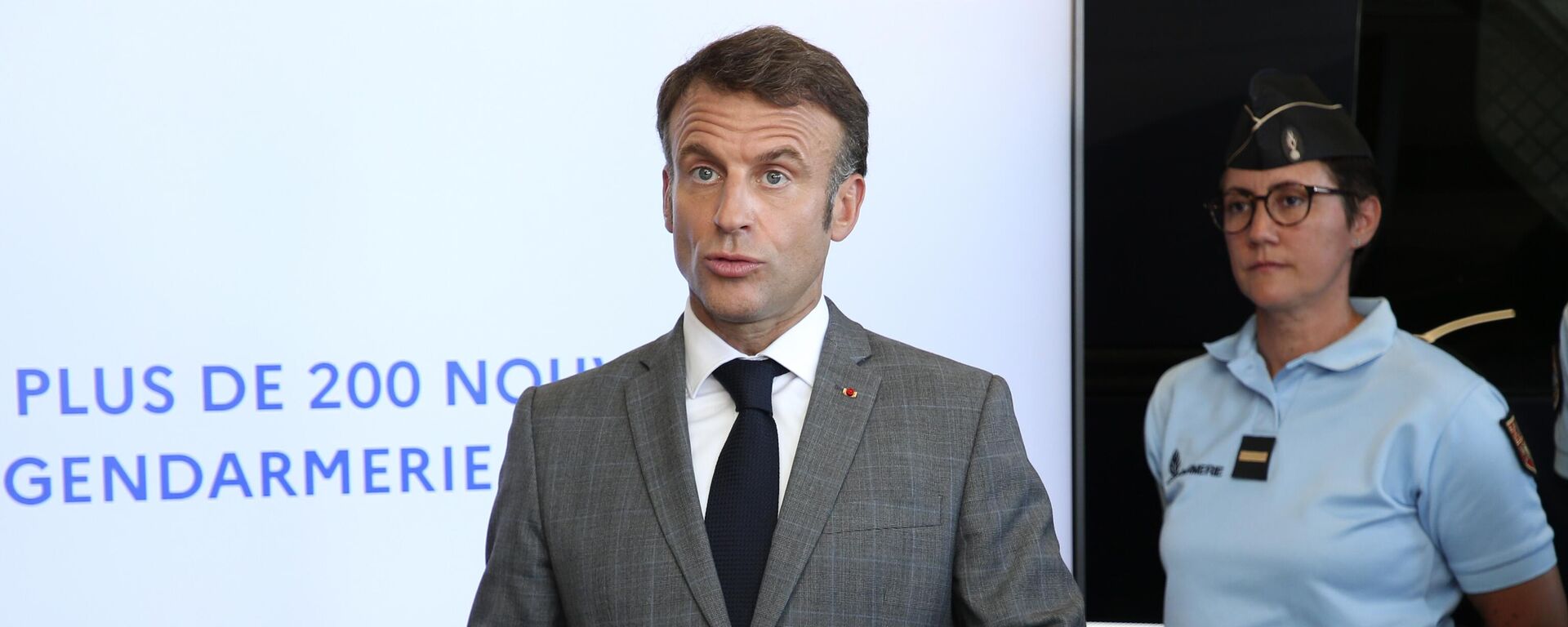 French President. Emmanuel Macron delivers a speech as he inaugurates a Gendarmerie brigade Monday, Oct. 2, 2023 in Tonneins, southwestern France.  - Sputnik Africa, 1920, 08.03.2024