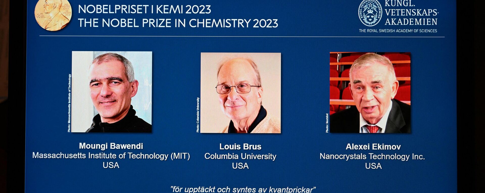 A tablet shows this year's laureates US Chemist Moungi Bawendi, US Chemist Louis Brus and Russian physicist Alexei Ekimov during the announcement of the winners of the 2023 Nobel Prize in chemistry at Royal Swedish Academy of Sciences in Stockholm on October 4, 2023. - Sputnik Africa, 1920, 04.10.2023