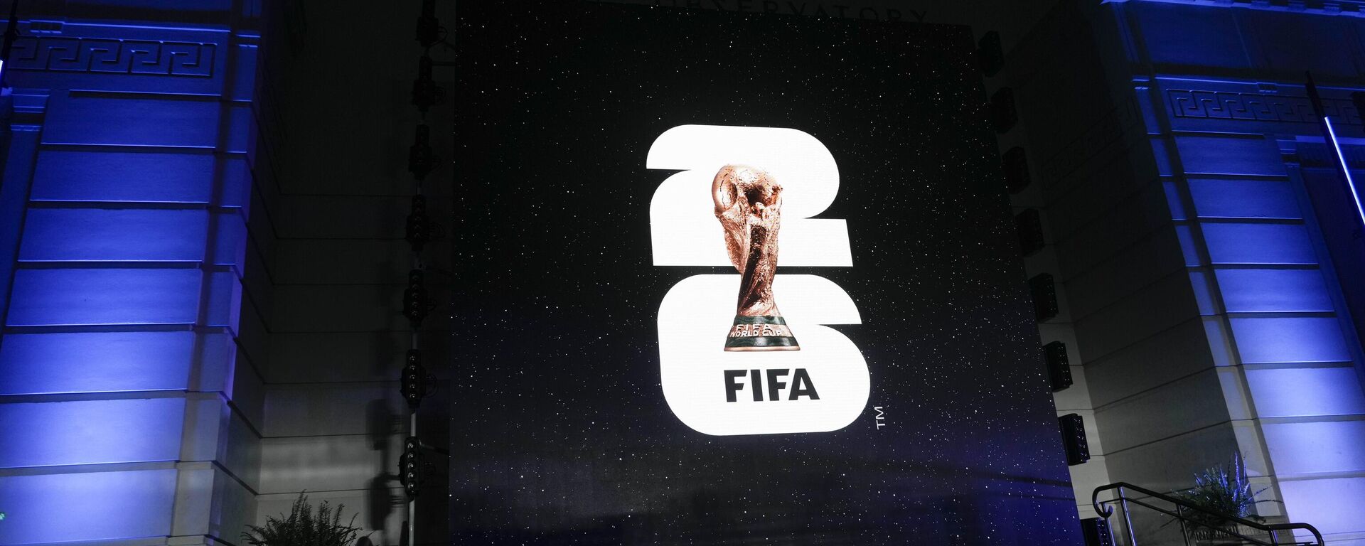The logo for the 2026 World Cup is shown on a screen outside Griffith Observatory in Los Angeles on Wednesday, May 17, 2023. A unique 2030 World Cup is set to be played in Europe and Africa with the surprising addition of South America in a deal to allow the men’s soccer tournament to start with a 100th birthday party in Uruguay. - Sputnik Africa, 1920, 04.10.2023