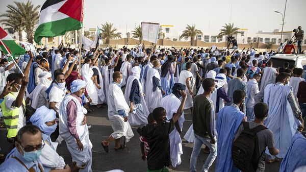 Protesters carry the Palestinian National Flag during a march in support of the Palestinian people in Nouakchott on May 19, 2021. - Sputnik Africa