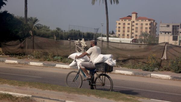 Палестинец едет на велосипеде с мешками муки в Дейр-эль-Балахе - Sputnik Africa