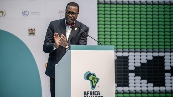 President of the African Development Bank Akinwumi Adesina delivers his speech during the Africa Climate Summit 2023 at the Kenyatta International Convention Centre (KICC) in Nairobi on September 5, 2023.  - Sputnik Africa