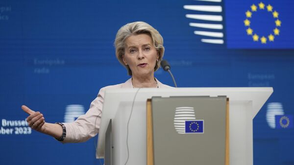 European Commission President Ursula von der Leyen addresses a media conference during an EU summit in Brussels, Friday, Oct. 27, 2023.  - Sputnik Africa