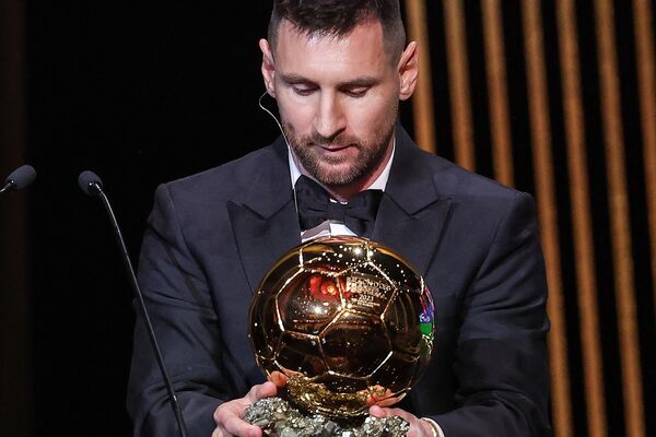 Inter Miami CF&#x27;s Argentine forward Lionel Messi reacts on stage as he receives his 8th Ballon d&#x27;Or award during the 2023 Ballon d&#x27;Or France Football award ceremony at the Theatre du Chatelet in Paris on October 30, 2023. - Sputnik Africa