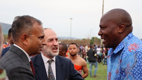 Diplomats congratulate His Excellency Russell Mmemo Dlamini shortly after being appointed Prime Minister of the Kingdom of Eswatini by His Majesty King Mswati III during #Sibaya23 at Ludzidzini Royal Residence on Friday, November 3, 2023. - Sputnik Africa