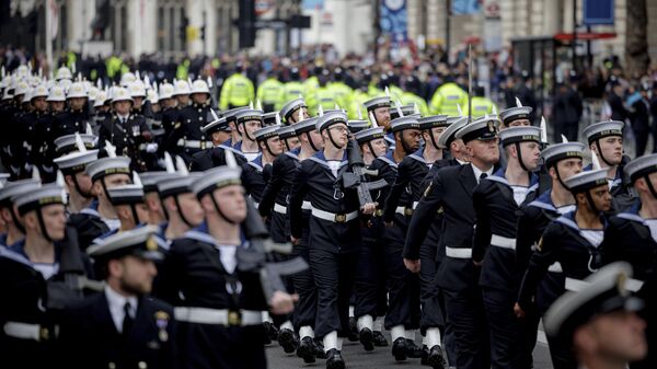 Royal Navy personnel march past the Cenotaph ahead of the coronation ceremony for Britain's King Charles III in London, Saturday, May 6, 2023. - Sputnik Africa
