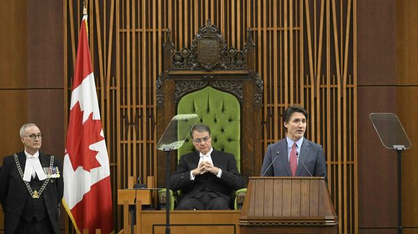Canadian Prime Minister Justin Trudeau addresses the Canadian Parliament before President Joe Biden speaks in Ottawa, Canada, Friday, Mach 24, 2023. - Sputnik Africa
