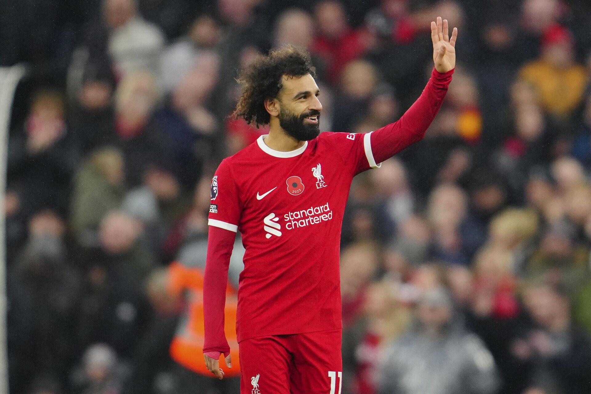 Liverpool's Mohamed Salah celebrates scoring his side's 2nd goal during the English Premier League soccer match between Liverpool and Brentford at Anfield stadium in Liverpool, England, Sunday, Nov. 12, 2023. - Sputnik Africa, 1920, 07.01.2024