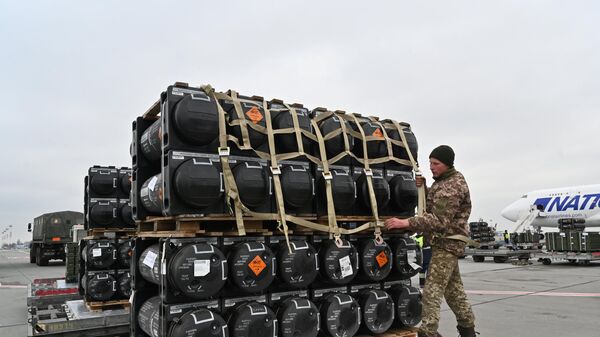 A Ukrainian serviceman is at work to receive the delivery of FGM-148 Javelins, American man-portable anti-tank missile provided by US to Ukraine as part of a military support, at Kiev's airport Borispol on February 11, 2022. - Sputnik Africa