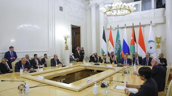 Russian Foreign Minister Sergey Lavrov, with a Russian national flag behind him, speaks opening a meeting about Gaza with foreign ministers from members of the Arab League and the Organization of Islamic Cooperation - Sputnik Africa