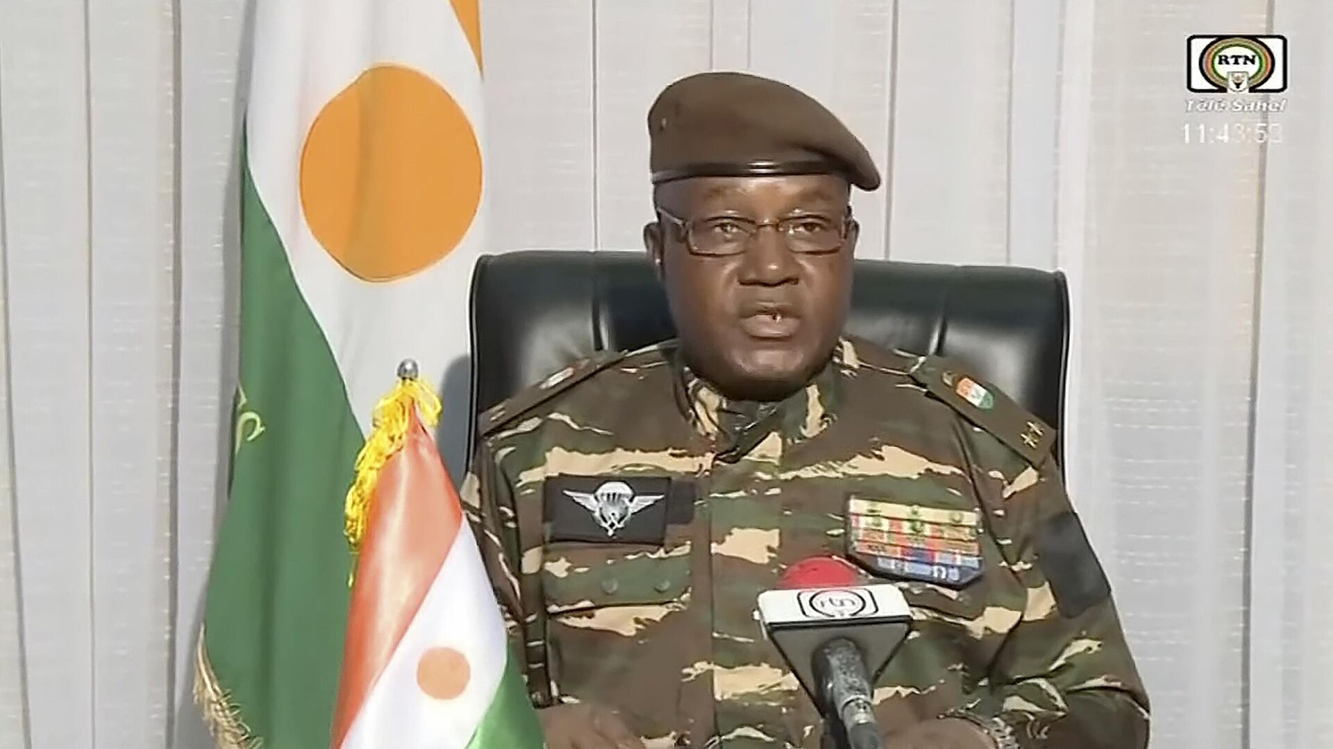 In this image taken from video provided by ORTN, Gen. Abdourahmane Tchiani makes a statement Friday, July 28, 2023, in Niamey, Niger. Niger state television identified him as the leader of the National Council for the Safeguarding of the Country, the group of soldiers who said they staged the coup against President Mohamed Bazoum - Sputnik Afrique, 1920, 12.02.2024