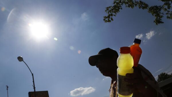 Michelle Dyer is silhouetted as she sells ice cold drinks along Ashland Avenue on Chicago's Southside as temperatures climb into the high 90's with the heat index breaking 100, Friday, July 19, 2013, in Chicago. - Sputnik Africa