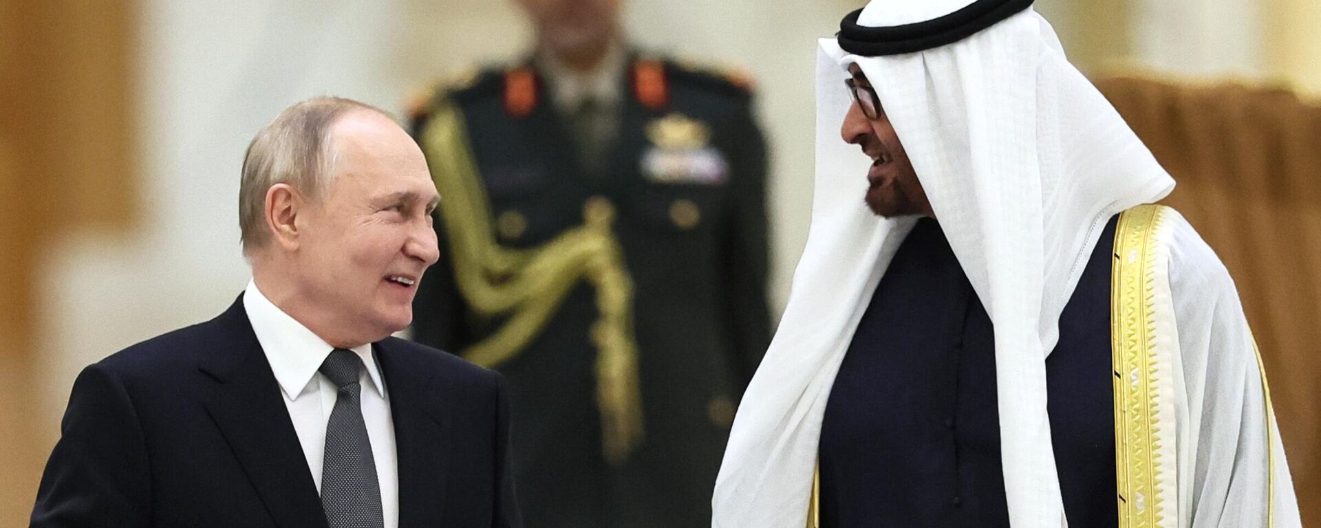 Russian President Vladimir Putin and President of the United Arab Emirates Sheikh Mohamed bin Zayed Al Nahyan arrive for a welcoming ceremony before a meeting at Qasr Al Watan Palace in Abu Dhabi, United Arab Emirates. - Sputnik Africa, 1920, 07.12.2023
