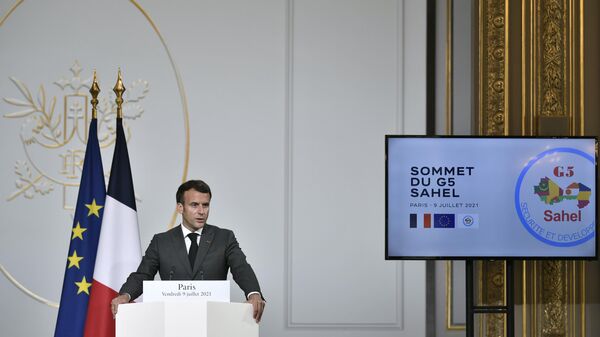 French President Emmanuel Macron delivers his speech during a press conference after a video summit with leaders of G5 Sahel countries at the Elysee presidential Palace in Paris, Friday July 9, 2021.  - Sputnik Africa