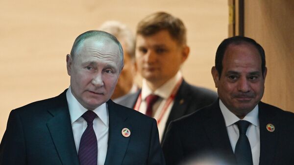 July 28, 2023. Russian President Vladimir Putin and Egyptian President Abdel Fattah El-Sisi (right) before the plenary session of the II Russia-Africa Summit in St. Petersburg. - Sputnik Africa