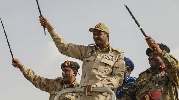 Gen. Mohammed Hamdan Dagalo, the deputy head of the military council, speaks during a military-backed tribe's rally, in the Nile River State, Sudan, Saturday, July 13, 2019.  - Sputnik Africa