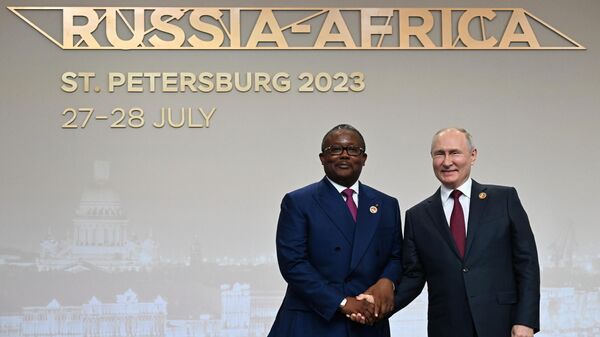 July 27, 2023. Russian President Vladimir Putin and President of Guinea-Bissau, Chairman of the Economic Community of West African Countries Umaro Sissoco Embalo at the official meeting ceremony of the heads of delegations participating in the II Russia-Africa Summit in St. Petersburg. - Sputnik Africa