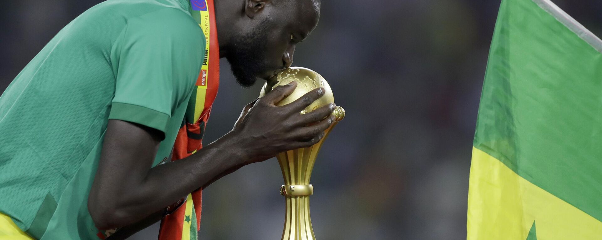Senegal's Cheikhou Kouyate kisses trophy after winning the African Cup of Nations 2022 final soccer match between Senegal and Egypt at the Ahmadou Ahidjo stadium in Yaounde, Cameroon, Sunday, Feb. 6, 2022. - Sputnik Africa, 1920, 07.01.2024