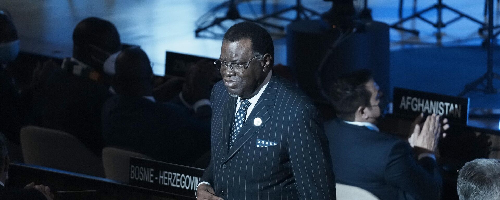Namibia's President Hage Geingob returns to his seat after delivering his speech during celebrations marking the 75th anniversary of the United Nations Educational, Scientific and Cultural Organization (UNESCO) at the UNESCO headquarters in Paris Friday Nov. 12, 2021.  - Sputnik Africa, 1920, 20.01.2024