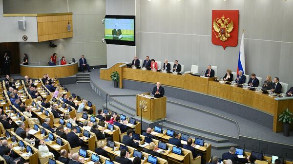 Russian Prime Minister Mikhail Mishustin presents the government's annual report at a session of the State Duma, the country's lower house of parliament, in Moscow, Russia, on March 23, 2023. - Sputnik Africa