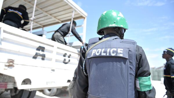 A Formed Police Unit  watches as new arrivals from Nigeria load their gear - Sputnik Africa