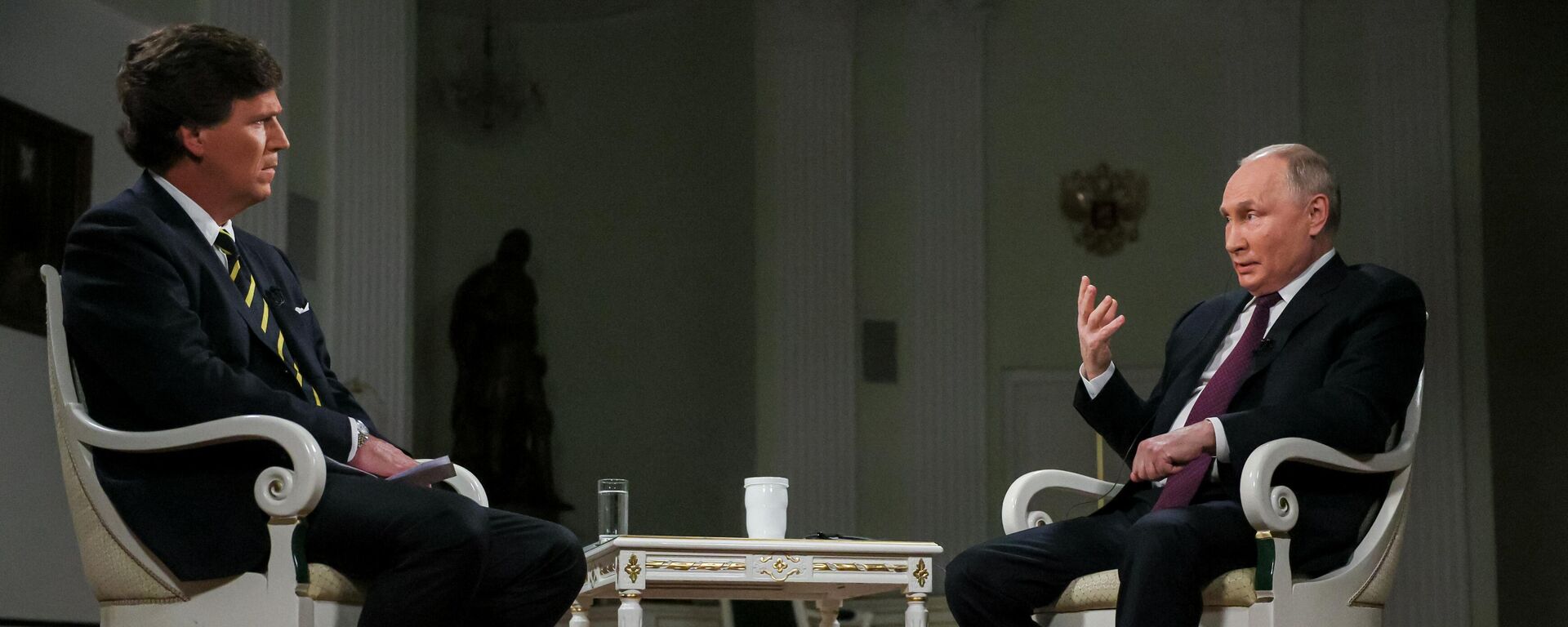Russian President Vladimir Putin speaks during an interview with US journalist Tucker Carlson at the Kremlin in Moscow, Russia. - Sputnik Africa, 1920, 09.02.2024