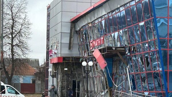 The shopping center on Plekhanov Street, which houses a grocery store and a pharmacy, was severely damaged as a result of the Ukrainian shelling on February 15, 2024. - Sputnik Africa