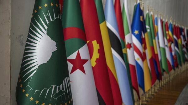 A general view of the logo and the flags of the member states of the African Union at the AU headquarters in Addis Ababa on February 15, 2024.  - Sputnik Africa
