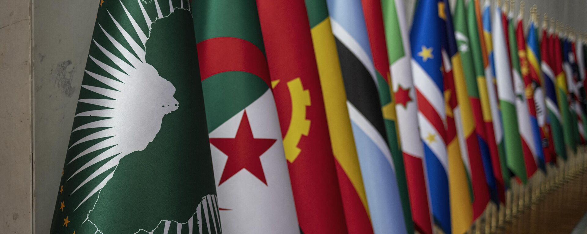 A general view of the logo and the flags of the member states of the African Union at the AU headquarters in Addis Ababa on February 15, 2024.  - Sputnik Africa, 1920, 17.02.2024
