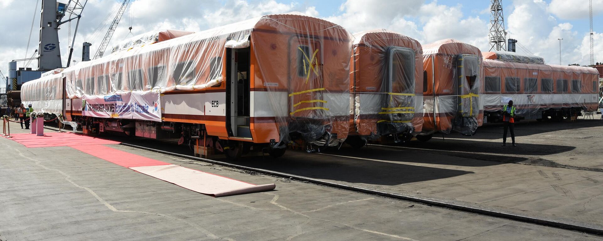 Carriages for the Tanzania's Standard Gauge Railway (SGR) project are unloaded as Tanzania received 14 economy class carriages of South Korean company Sung Shin Rolling Stock (SSRT) at the Dar es Salaam port on November 25, 2022.  - Sputnik Africa, 1920, 24.02.2024