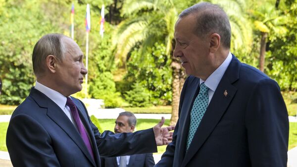 Russian President Vladimir Putin, left, greets Turkish President Recep Tayyip Erdogan upon his arrival at Russia's Black Sea resort of Sochi, Russia, Monday, Sept. 4, 2023.  - Sputnik Africa