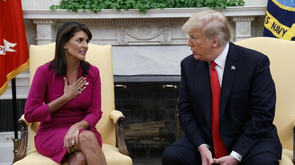 President Donald Trump meets with outgoing U.S. Ambassador to the United Nations Nikki Haley in the Oval Office of the White House, Tuesday, Oct. 9, 2018, in Washington. - Sputnik Africa
