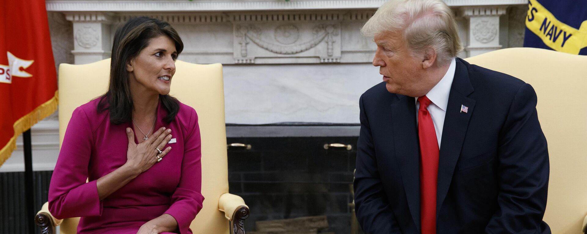 President Donald Trump meets with outgoing U.S. Ambassador to the United Nations Nikki Haley in the Oval Office of the White House, Tuesday, Oct. 9, 2018, in Washington. - Sputnik Africa, 1920, 06.03.2024