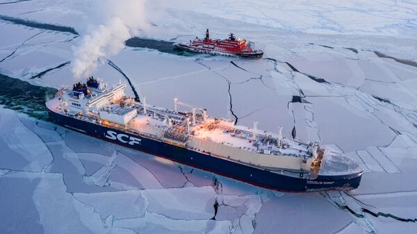 Sovcomflot LNG ship Christophe de Margerie and the Russian icebreaker 50 Let Pobedy traverse the Northern Sea Route in February 2021, the first commercial cargo vessel to do so - Sputnik Africa