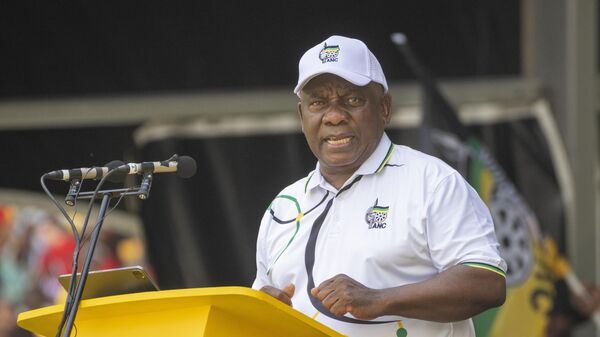 South African President Cyril Ramaphosa delivers his speech as African National Congress supporters gather at the Mose Mabhida stadium in Durban, South Africa, Saturday, Feb. 24, 2024, for their national manifesto launch in anticipation of the 2024 general elections.  - Sputnik Africa