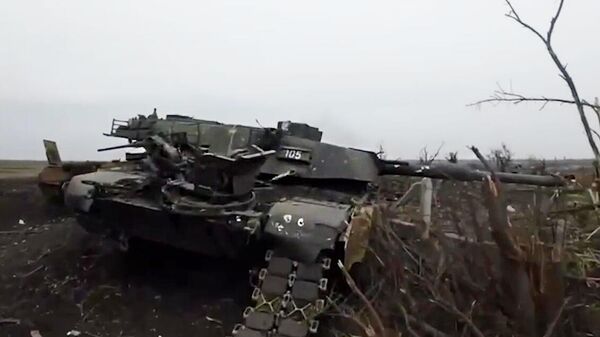 Abrams MBT knocked out near the Donetsk suburb of Avdeyevka. Screenshot of Russian Defense Ministry video. - Sputnik Africa