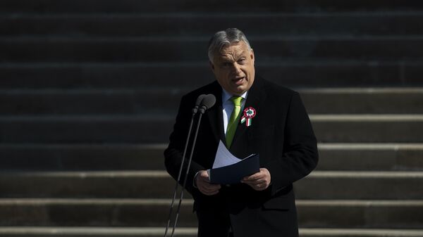 Hungarian Prime Minister Viktor Orban gives a speech on the steps of the National Museum in Budapest, Hungary, on Friday, March 15, 2024. - Sputnik Africa
