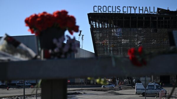 On this Wednesday, March 27, 2024, flowers and toys are placed on the roadside in front of the burnt-out Crocus City Hall following a March 22 terrorist attack on the concert venue in Moscow Region, Russia.  - Sputnik Afrique