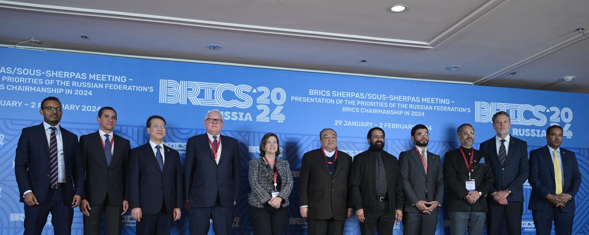 30.01.2024. Representatives of the BRICS members pose for a group photo before a meeting of sherpas and sous-sherpas of the BRICS countries in Moscow, Russia. BRICS was established in 2009 as a cooperation platform for the world's largest emerging economies. Initially, the bloc united Brazil, Russia, India, China and South Africa. Last summer, their leaders invited Egypt, Ethiopia, Iran, the UAE and Saudi Arabia to join the bloc. - Sputnik Africa, 1920, 20.04.2024