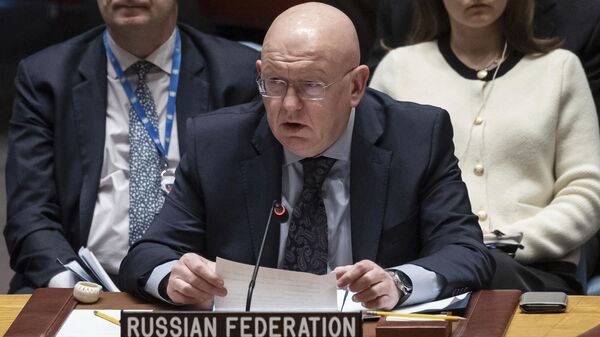Russia's United Nations envoy Vassily Nebenzya addresses the United Nations Security Council chamber during an emergency meeting at UN headquarters, Sunday, April 14, 2024. - Sputnik Africa
