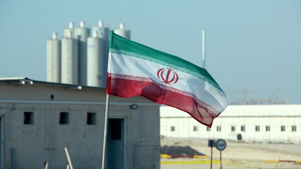 A picture taken on November 10, 2019, shows an Iranian flag in Iran's Bushehr nuclear power plant, during an official ceremony to kick-start works on a second reactor at the facility. - Sputnik Africa