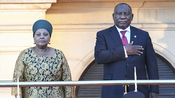 South African President Cyril Ramaphosa gestures while standing next to Speaker of the National Assembly of South Africa Nosiviwe Mapisa-Nqakula, left, ahead of his state of the nation address at the City Hall in Cape Town on Feb. 8, 2024.  - Sputnik Africa