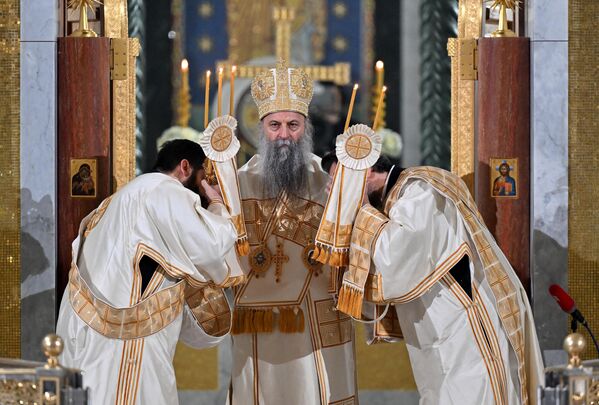 Serbian Patriarch Porfirije (C) leads an Orthodox Easter liturgy at the Church of Saint Sava in Belgrade, Serbia, on May 5, 2024.  - Sputnik Africa