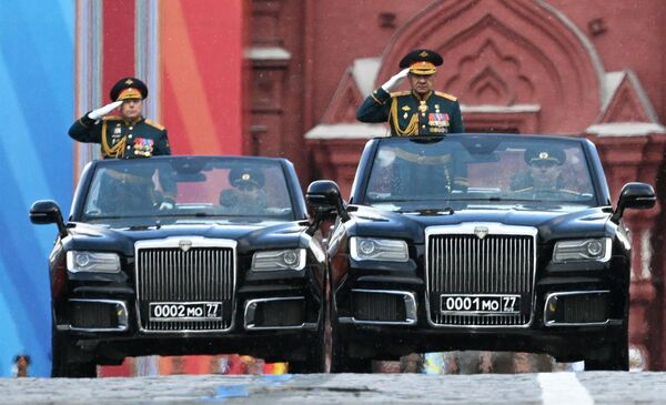 Acting Russian Defense Minister Sergey Shoigu and Commander-in-Chief of the Land Forces Oleg Salyukov at the military parade on Red Square. - Sputnik Africa