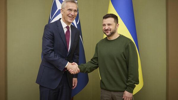 Ukrainian President Volodymyr Zelensky, right, welcomes NATO Secretary General Jens Stoltenberg during their meeting in Kiev, Ukraine, Monday, April 29, 2024. - Sputnik Africa
