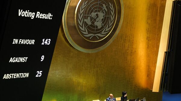 The results of a vote on a resolution for the UN Security Council to reconsider and support the full membership of Palestine into the United Nations is displayed during a special session of the UN General Assembly, at UN headquarters in New York City on May 10, 2024.  - Sputnik Africa