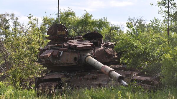 A destroyed tank of the Ukrainian Armed Forces in the Russian special operation zone in Ukraine. File photo - Sputnik Africa