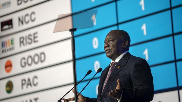 South African President Cyril Ramaphosa speaks during the announcement of the results in South Africa's general elections in Johannesburg, South Africa on Sunday, June 2, 2024.  - Sputnik Africa
